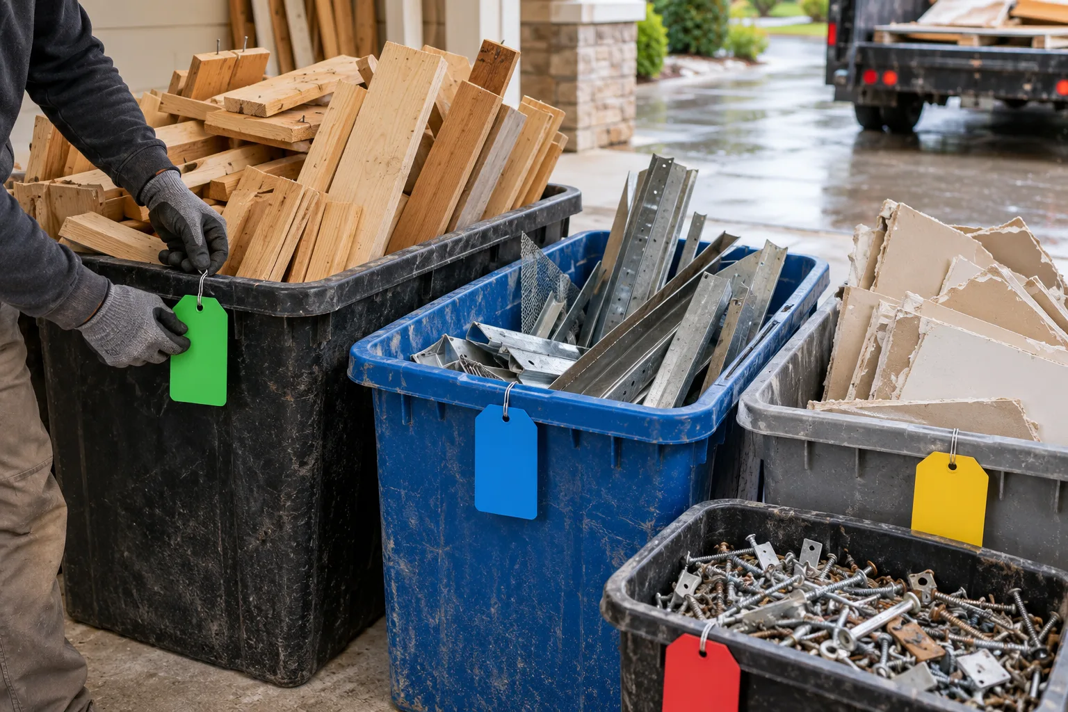 Wood, metal, drywall and fasteners separated into durable bins