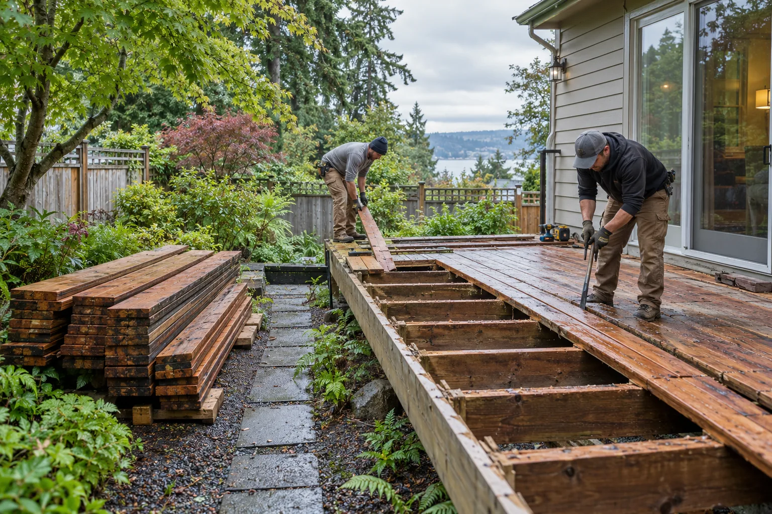 Workers removing boards from a rain-darkened backyard deck