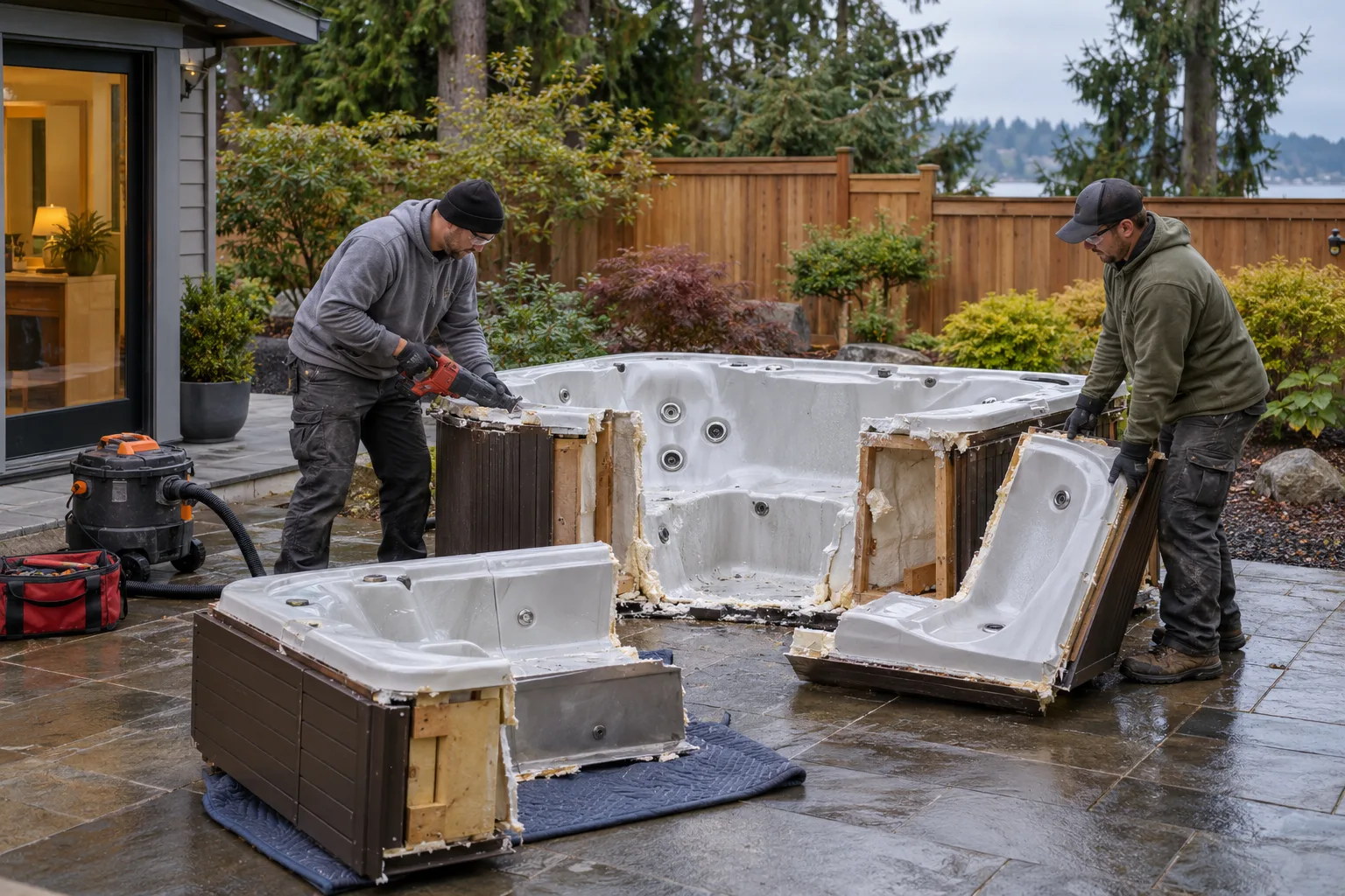 Empty hot tub being sectioned on a wet residential patio